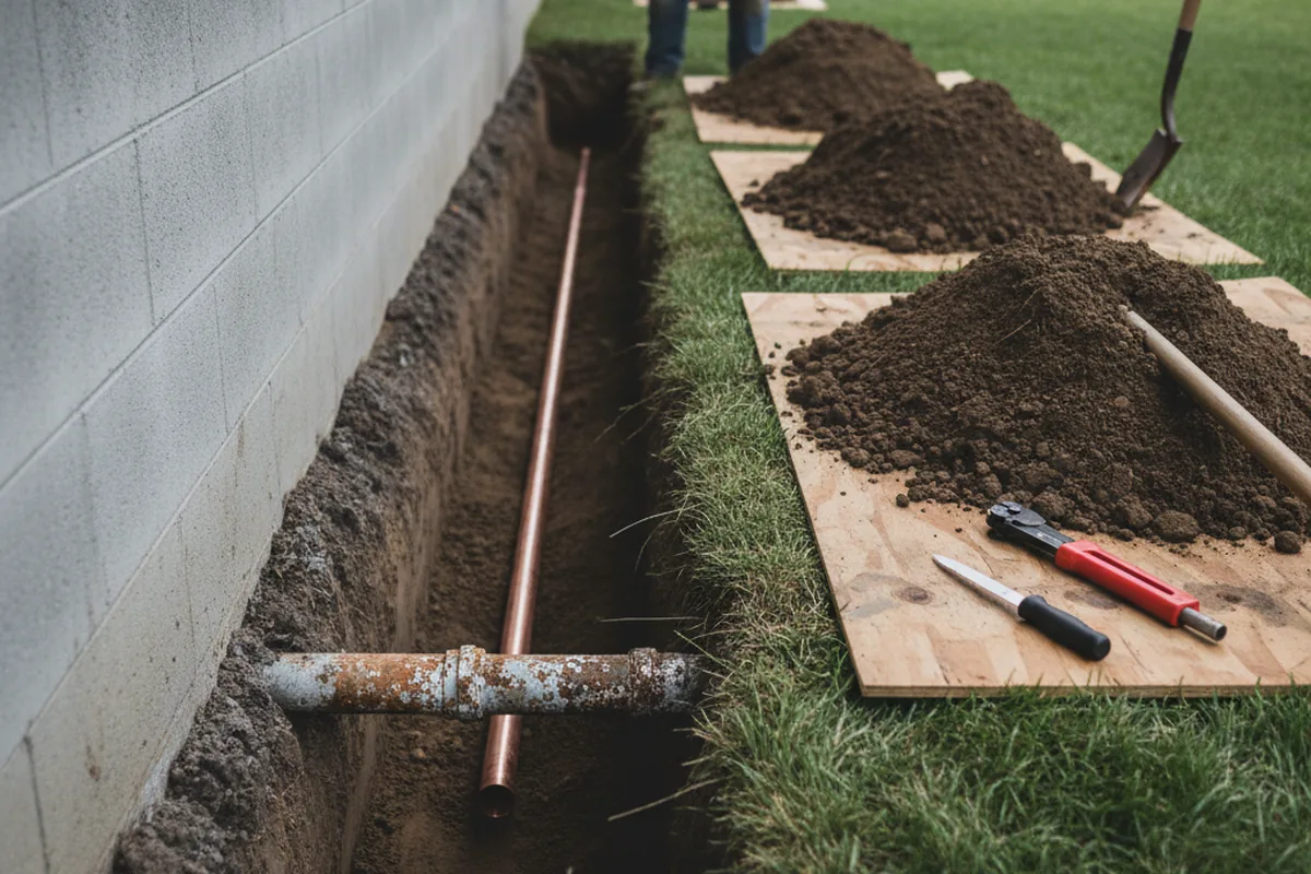 Excavated water line trench during Water Softener Installation in Comptche